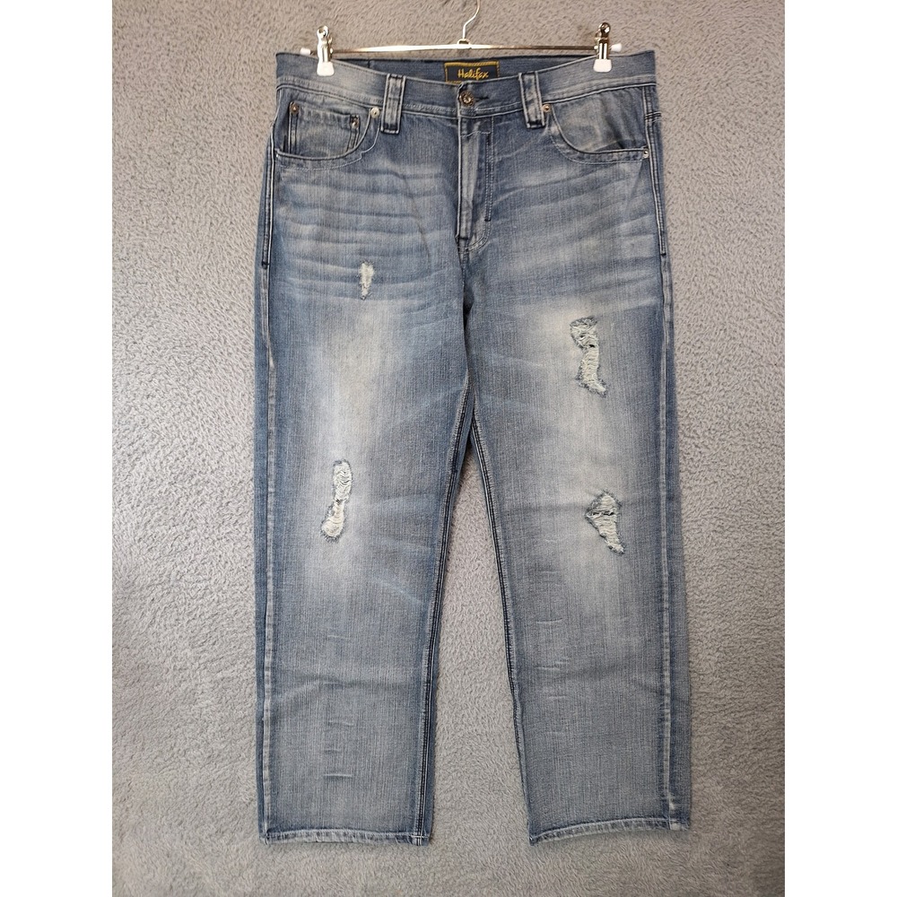 Halifax Mens Distressed Straight Leg Jeans Size 38W 32L (Fits 37x31) Light Wash‎